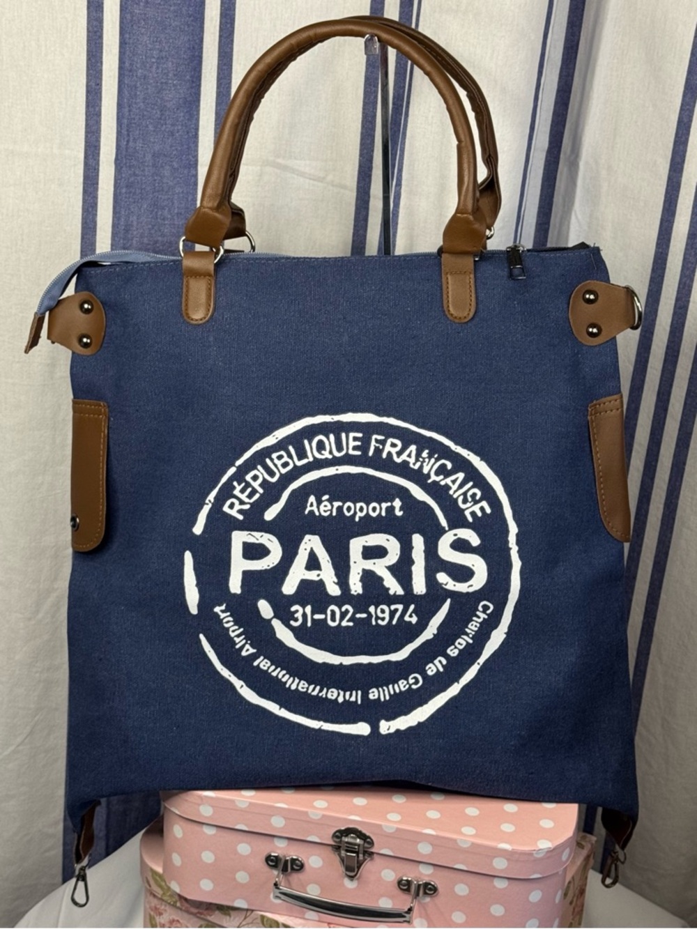 Paris Republique Large Canvas Stamped Messenger Bag with Vegan Leather Accents - Picture 4 of 11
